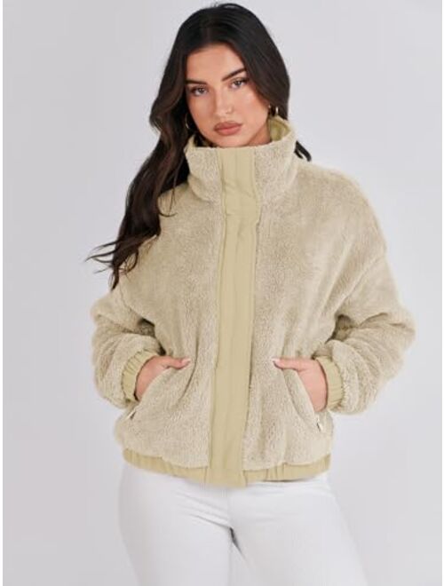 ANRABESS Women Sherpa Fleece Jackets Casual Long Sleeve Buttons Cropped Coat Winter Outwear