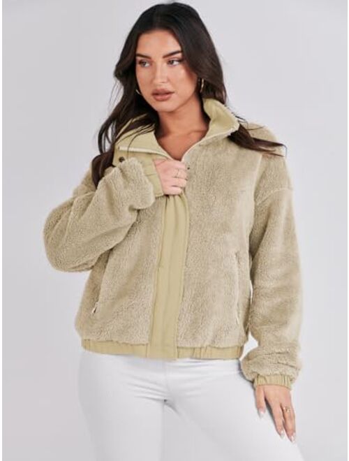 ANRABESS Women Sherpa Fleece Jackets Casual Long Sleeve Buttons Cropped Coat Winter Outwear