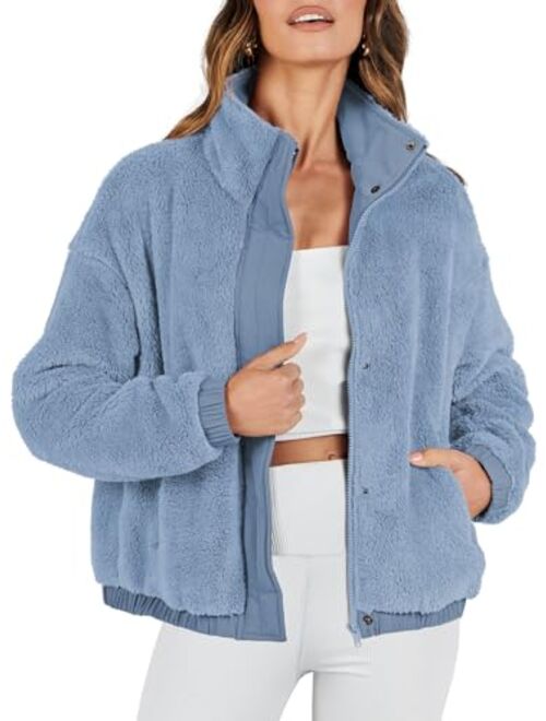 ANRABESS Women Sherpa Fleece Jackets Casual Long Sleeve Buttons Cropped Coat Winter Outwear