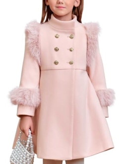 Haloumoning Toddler Girls Faux Fur Dress Coat Kids Winter Warm Jacket Long Sleeve Button Wool Coat 1-8 Years