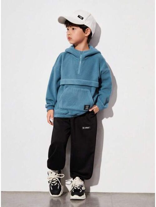 SHEIN Kids KDOMO Boys' Casual Comfortable Zipper Hooded Sweatshirt With English Woven Label, Autumn