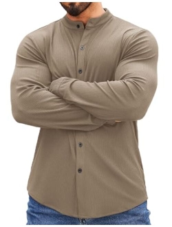 Mens Ribbed Knit Button Down Shirt Casual Long Sleeve Stretch Dress Shirts