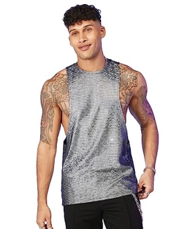 Men's Glitter Sequin Round Neck Sleeveless Tank Tops Cut Open Side Club Party T Shirt