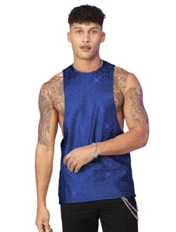 Men's Glitter Sequin Round Neck Sleeveless Tank Tops Cut Open Side Club Party T Shirt