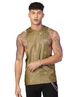 Men's Glitter Sequin Round Neck Sleeveless Tank Tops Cut Open Side Club Party T Shirt