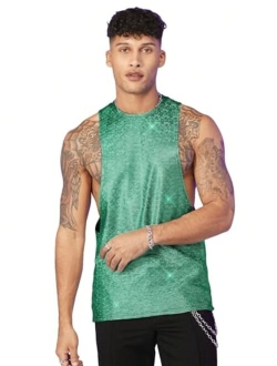 Men's Glitter Sequin Round Neck Sleeveless Tank Tops Cut Open Side Club Party T Shirt