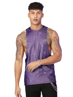 Men's Glitter Sequin Round Neck Sleeveless Tank Tops Cut Open Side Club Party T Shirt