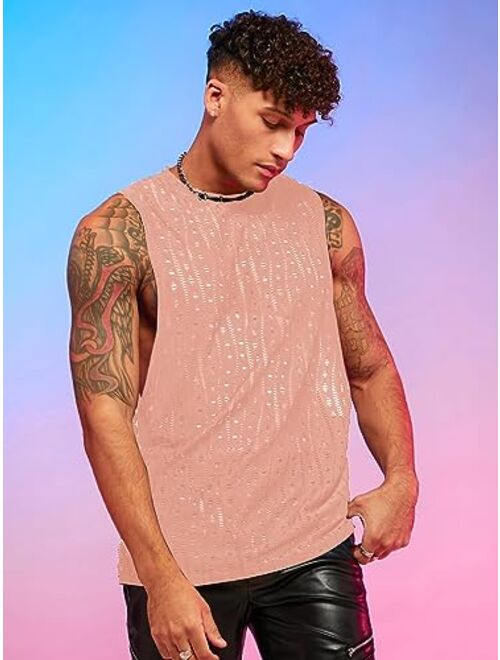 WDIRARA Men's Glitter Sequin Round Neck Sleeveless Tank Tops Cut Open Side Club Party T Shirt