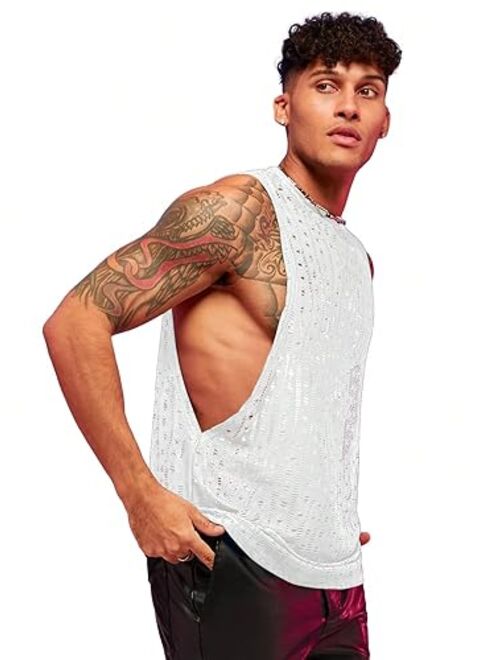 WDIRARA Men's Glitter Sequin Round Neck Sleeveless Tank Tops Cut Open Side Club Party T Shirt