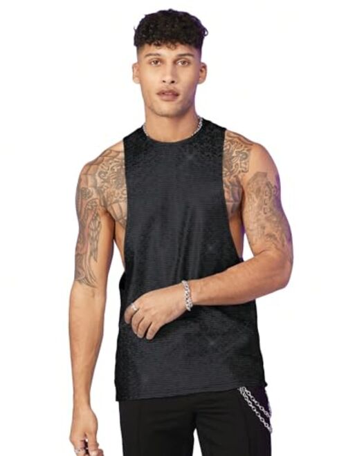 WDIRARA Men's Glitter Sequin Round Neck Sleeveless Tank Tops Cut Open Side Club Party T Shirt