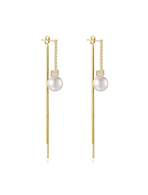 Kesaplan Long Pearl Earrings for Women 14K Gold Plated Pearl Dangle Earrings Hypoallergenic Elegant Gold Pearl Tassel Earring for Girls