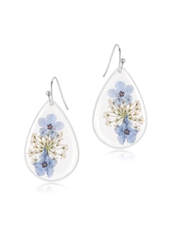 Kbforu Teardrop Earrings - Handmade Forget-Me-Not And Queen Anne'S Lace Pressed Wildflower Earrings,Statement Pendants Earrings For Women(Silver)