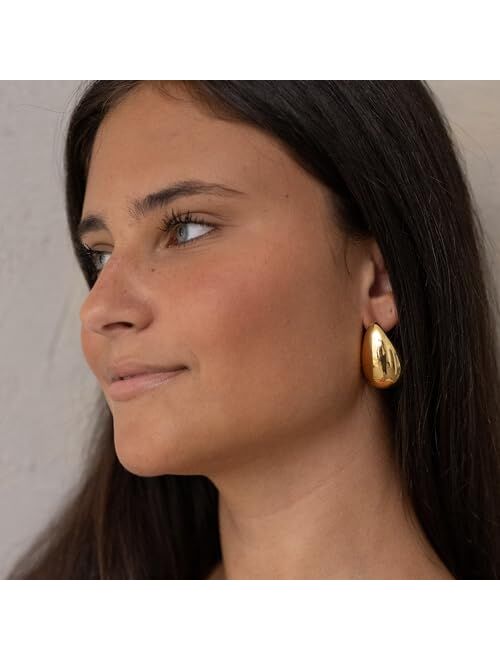 Ava Riley Gold Teardrop Earrings for Women - S925 Sterling Silver Earring Post Hot Pink Jewelry/Black Gun Plated Trendy Lightweight Waterdrop Hollow Open Hoops - 18k Chun