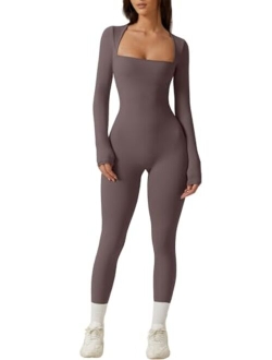 Womens Sexy Square Neck Long Sleeve Full Length Leggings Bodycon Stretch Jumpsuit