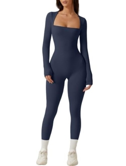 Womens Sexy Square Neck Long Sleeve Full Length Leggings Bodycon Stretch Jumpsuit