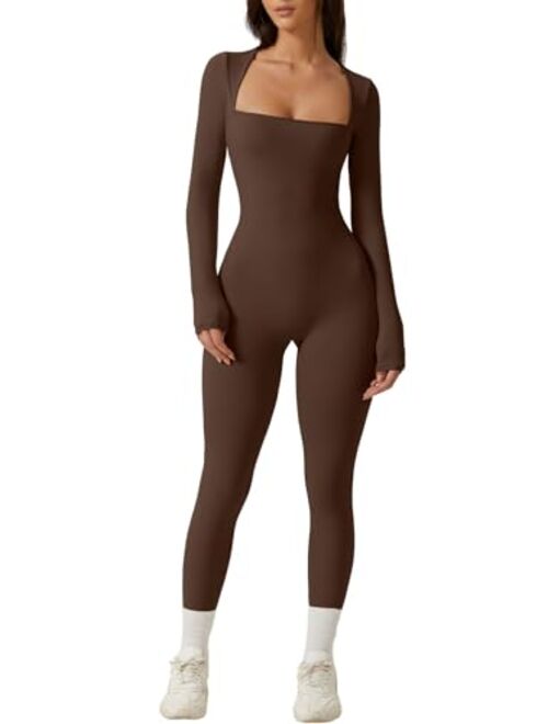 QINSEN Womens Sexy Square Neck Long Sleeve Full Length Leggings Bodycon Stretch Jumpsuit