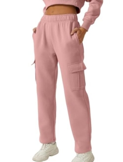 Womens Medium Waist Baggy Elastic Waist Sweatpants Casual Fleece Long Pants with Pockets