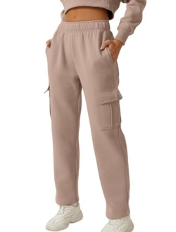 Womens Medium Waist Baggy Elastic Waist Sweatpants Casual Fleece Long Pants with Pockets