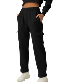 Womens Medium Waist Baggy Elastic Waist Sweatpants Casual Fleece Long Pants with Pockets