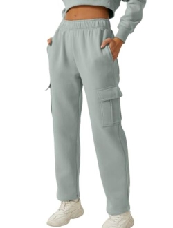 Womens Medium Waist Baggy Elastic Waist Sweatpants Casual Fleece Long Pants with Pockets