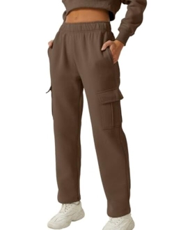 Womens Medium Waist Baggy Elastic Waist Sweatpants Casual Fleece Long Pants with Pockets