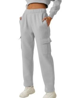 Womens Medium Waist Baggy Elastic Waist Sweatpants Casual Fleece Long Pants with Pockets