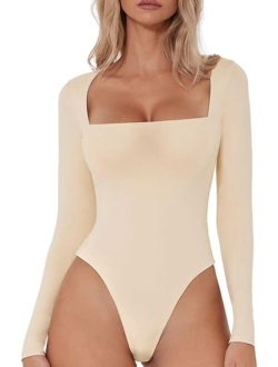 Women's Sexy Square Neck Bodysuit Long Sleeve Double Shirt Tops