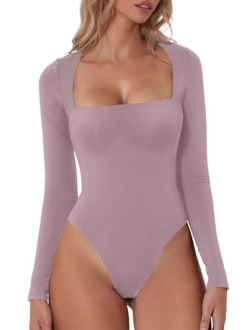 Women's Sexy Square Neck Bodysuit Long Sleeve Double Shirt Tops