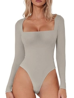 Women's Sexy Square Neck Bodysuit Long Sleeve Double Shirt Tops