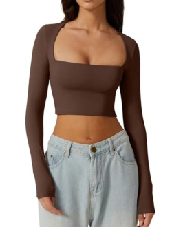 Women's Sexy Square Neck Crop Top Long Sleeve Slim Fit Cropped T Shirts