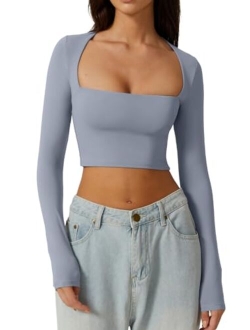 Women's Sexy Square Neck Crop Top Long Sleeve Slim Fit Cropped T Shirts