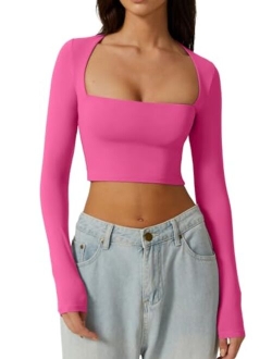 Women's Sexy Square Neck Crop Top Long Sleeve Slim Fit Cropped T Shirts