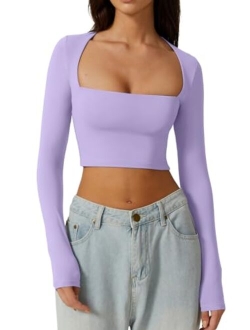 Women's Sexy Square Neck Crop Top Long Sleeve Slim Fit Cropped T Shirts