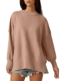 Womens Mock Neck Long Sleeve Pullover Drop Shoulder Side Slit Street Tunic Sweater
