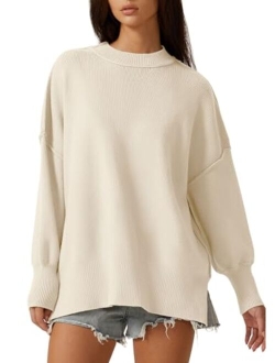 Womens Mock Neck Long Sleeve Pullover Drop Shoulder Side Slit Street Tunic Sweater