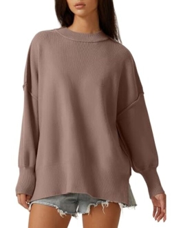 Womens Mock Neck Long Sleeve Pullover Drop Shoulder Side Slit Street Tunic Sweater