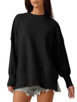 Womens Mock Neck Long Sleeve Pullover Drop Shoulder Side Slit Street Tunic Sweater