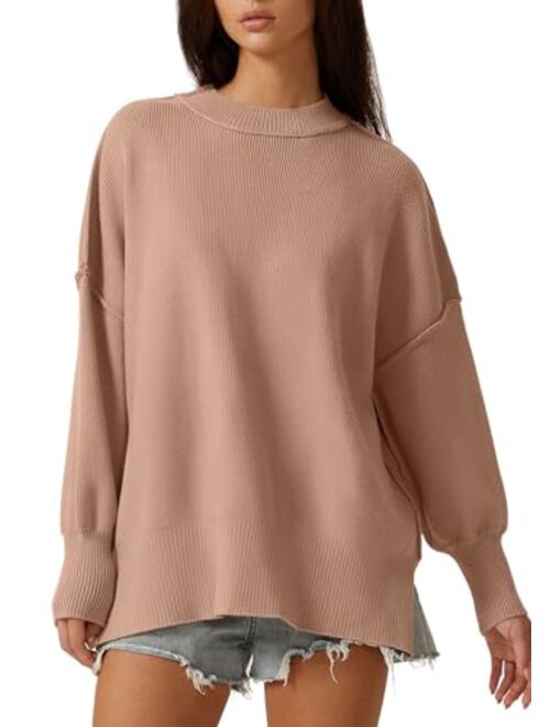 QINSEN Womens Mock Neck Long Sleeve Pullover Drop Shoulder Side Slit Street Tunic Sweater