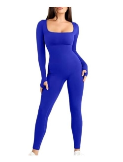 Popilush Long Sleeve Jumpsuit for Women Built-In Bra Seamless Ribbed Square Neck Full Length Bodycon Romper Jumpsuits