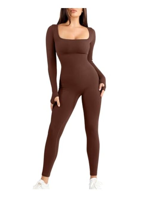 Popilush Long Sleeve Jumpsuit for Women Built-In Bra Seamless Ribbed Square Neck Full Length Bodycon Romper Jumpsuits