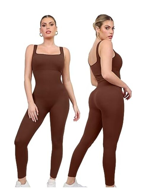 Popilush Jumpsuits for Women Built-In Bra Rompers Seamless Ribbed Outfits Yoga Sleeveless Workout Set