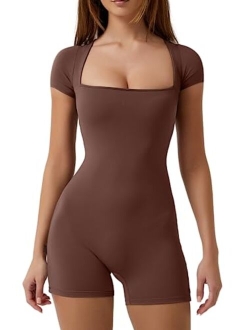 Women's Short Sleeve Bodycon Romper Stretchy Square Neck Sexy Unitard Jumpsuit