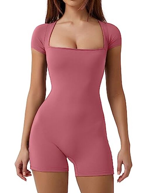 QINSEN Women's Short Sleeve Bodycon Romper Stretchy Square Neck Sexy Unitard Jumpsuit