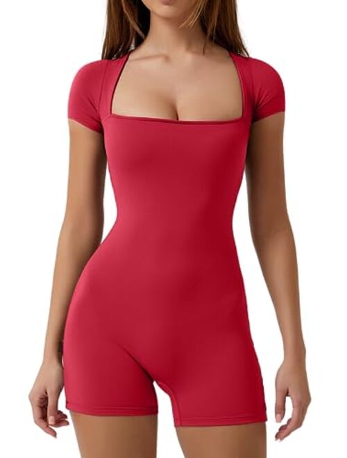 QINSEN Women's Short Sleeve Bodycon Romper Stretchy Square Neck Sexy Unitard Jumpsuit