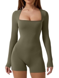 Women's Long Sleeve Bodycon Romper Stretchy Square Neck Sexy Unitard Jumpsuit