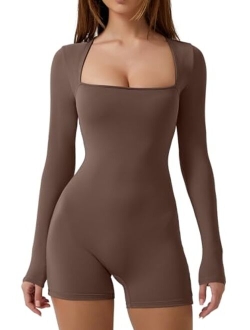 Women's Long Sleeve Bodycon Romper Stretchy Square Neck Sexy Unitard Jumpsuit