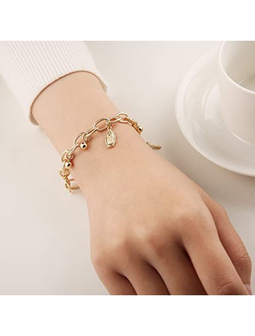 HZMAN 14K Gold Plated Cable Chain Bracelet for Women Girl Dainty Rosary Bead Cross Virgin Mary Link Bracelet Jewelry Gift