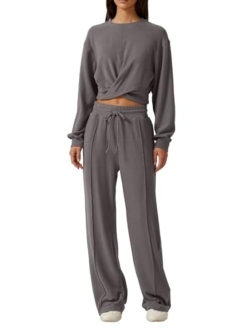 Women 2 Piece Outfits Sweatsuit Set Twist Front Cropped Sweatshirt Wide Leg Sweatpant Lounge Set Tracksuit