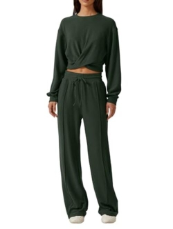 Women 2 Piece Outfits Sweatsuit Set Twist Front Cropped Sweatshirt Wide Leg Sweatpant Lounge Set Tracksuit