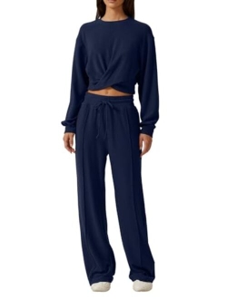 Women 2 Piece Outfits Sweatsuit Set Twist Front Cropped Sweatshirt Wide Leg Sweatpant Lounge Set Tracksuit